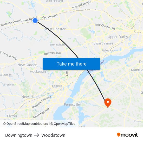 Downingtown to Woodstown map