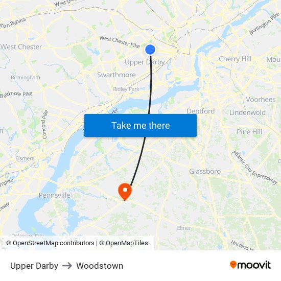 Upper Darby to Woodstown map