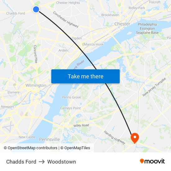 Chadds Ford to Woodstown map