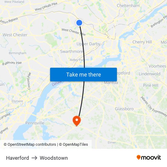 Haverford to Woodstown map