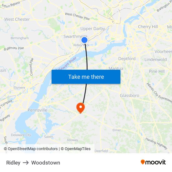Ridley to Woodstown map
