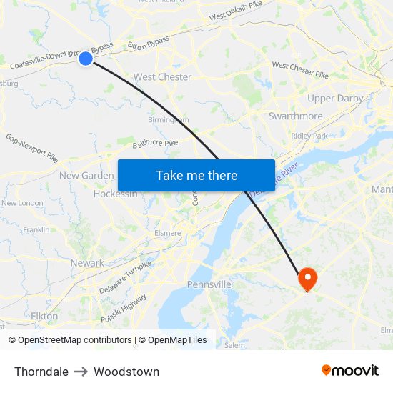 Thorndale to Woodstown map