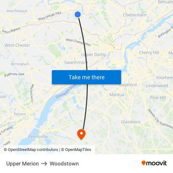 Upper Merion to Woodstown map