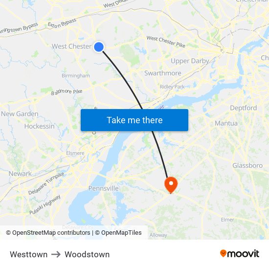 Westtown to Woodstown map