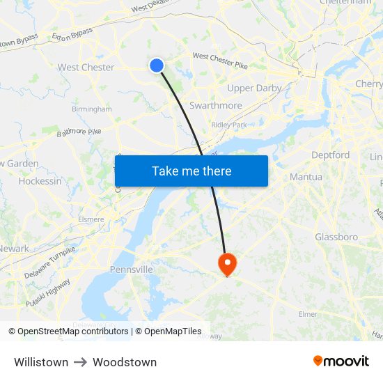 Willistown to Woodstown map