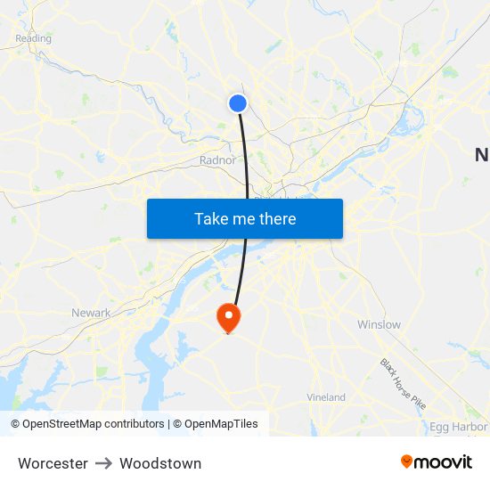 Worcester to Woodstown map