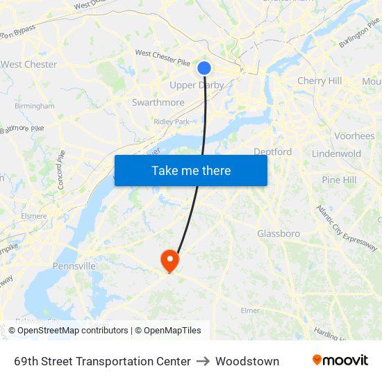 69th Street Transportation Center to Woodstown map