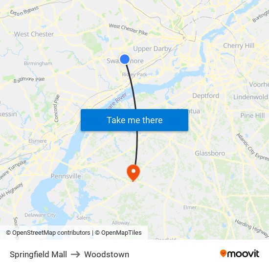 Springfield Mall to Woodstown map