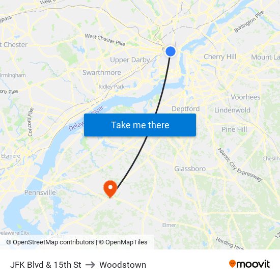 JFK Blvd & 15th St to Woodstown map