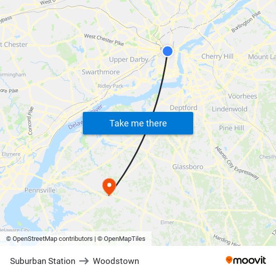 Suburban Station to Woodstown map