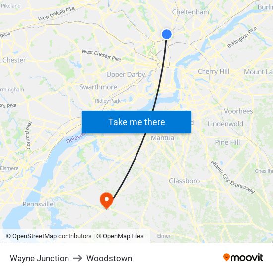 Wayne Junction to Woodstown map