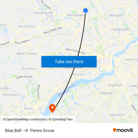 Blue Bell to Penns Grove map