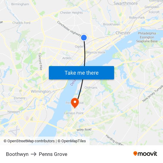 Boothwyn to Penns Grove map
