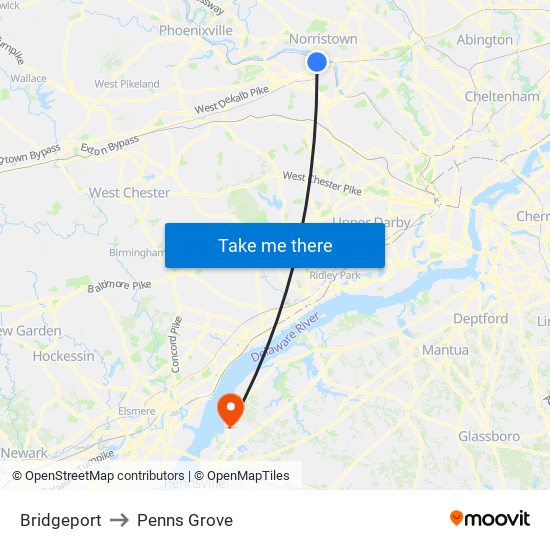 Bridgeport to Penns Grove map