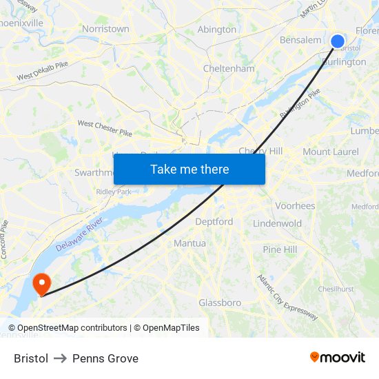 Bristol to Penns Grove map