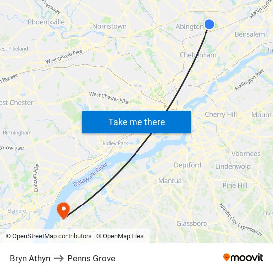Bryn Athyn to Penns Grove map