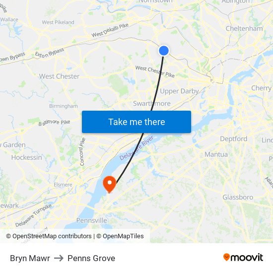 Bryn Mawr to Penns Grove map