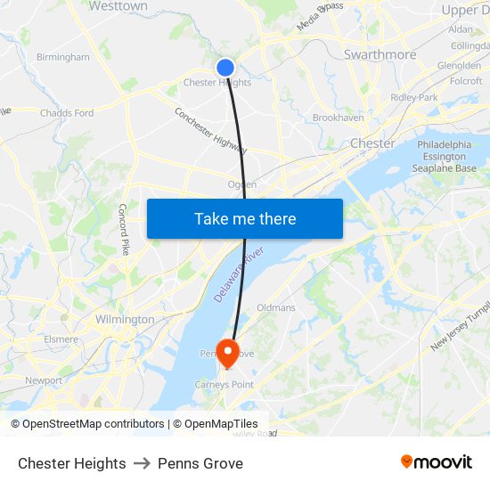 Chester Heights to Penns Grove map