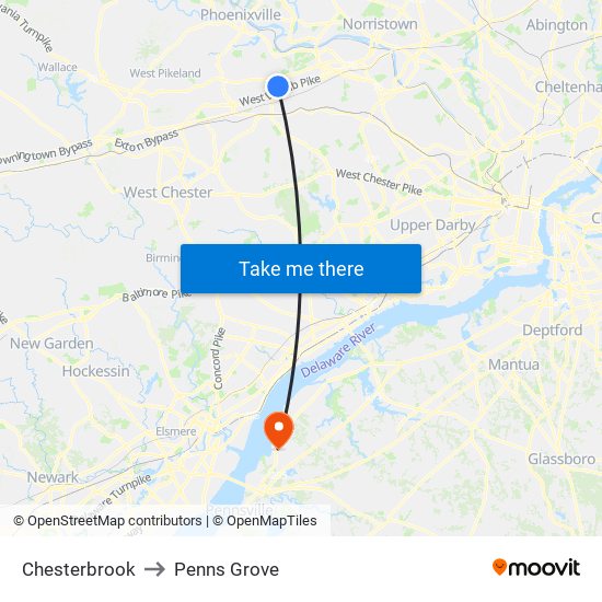 Chesterbrook to Penns Grove map