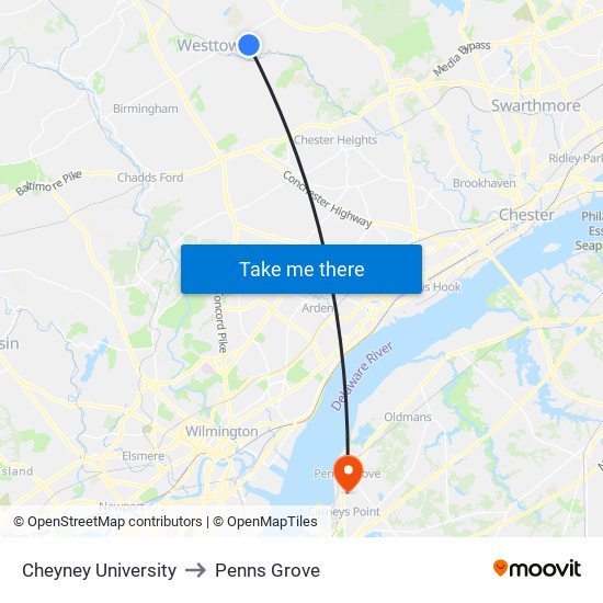 Cheyney University to Penns Grove map