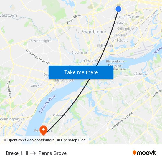 Drexel Hill to Penns Grove map