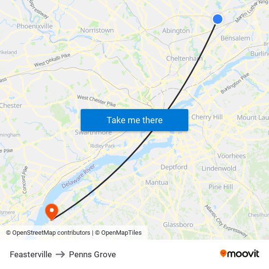 Feasterville to Penns Grove map