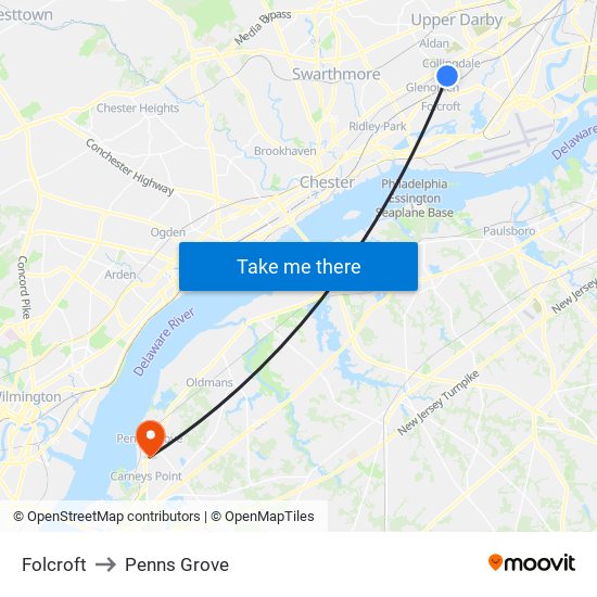 Folcroft to Penns Grove map
