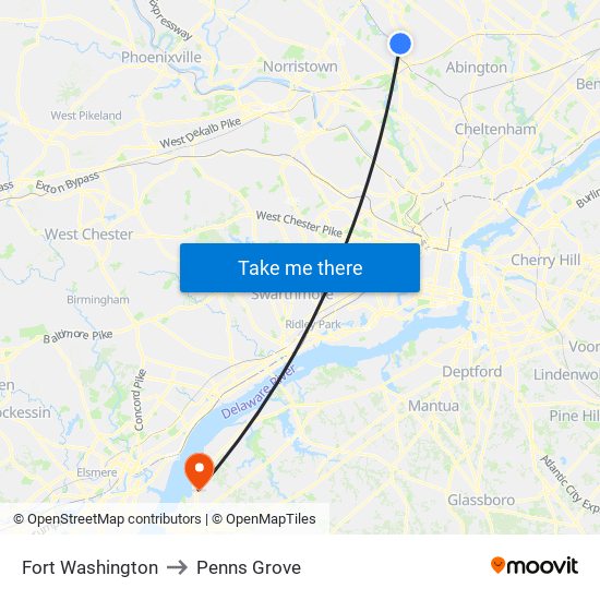 Fort Washington to Penns Grove map