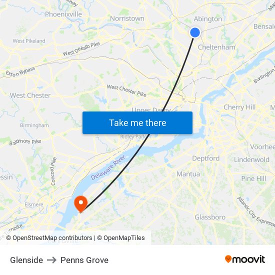 Glenside to Penns Grove map