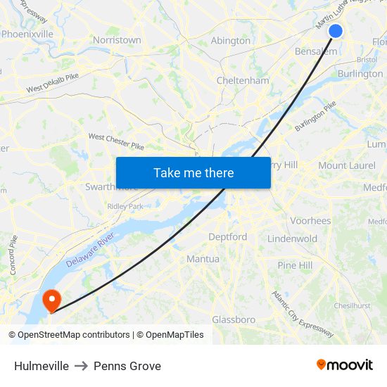 Hulmeville to Penns Grove map