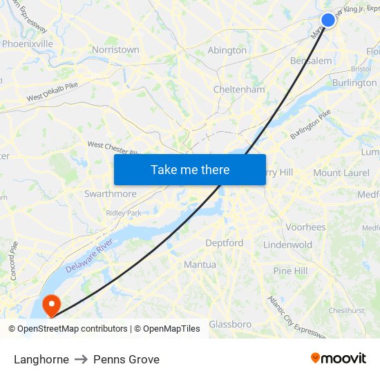 Langhorne to Penns Grove map