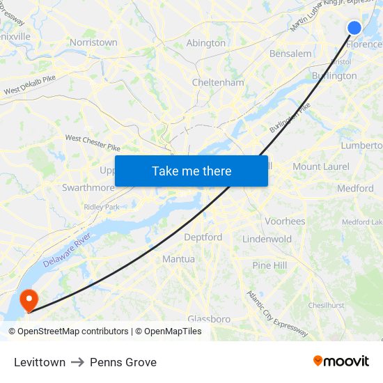 Levittown to Penns Grove map