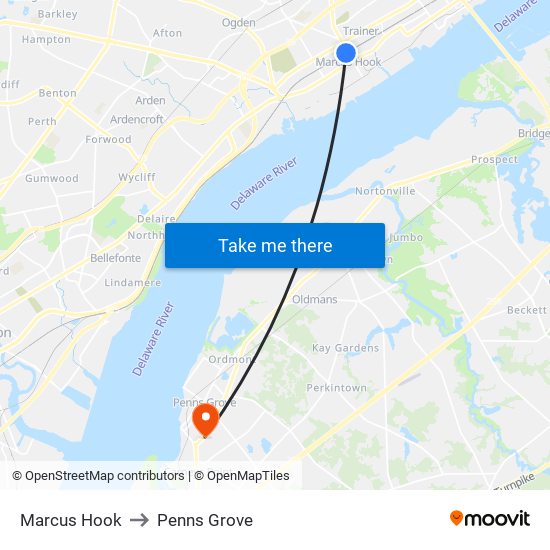 Marcus Hook to Penns Grove map