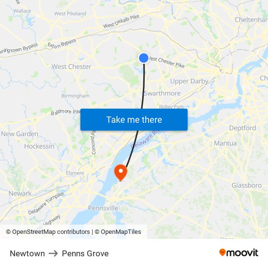 Newtown to Penns Grove map