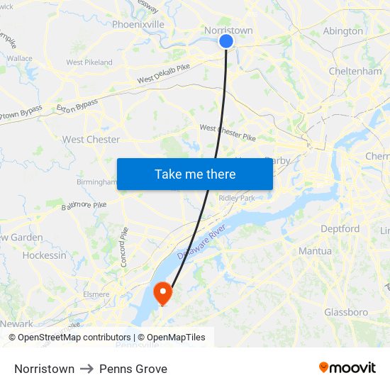 Norristown to Penns Grove map