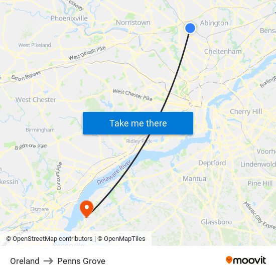 Oreland to Penns Grove map