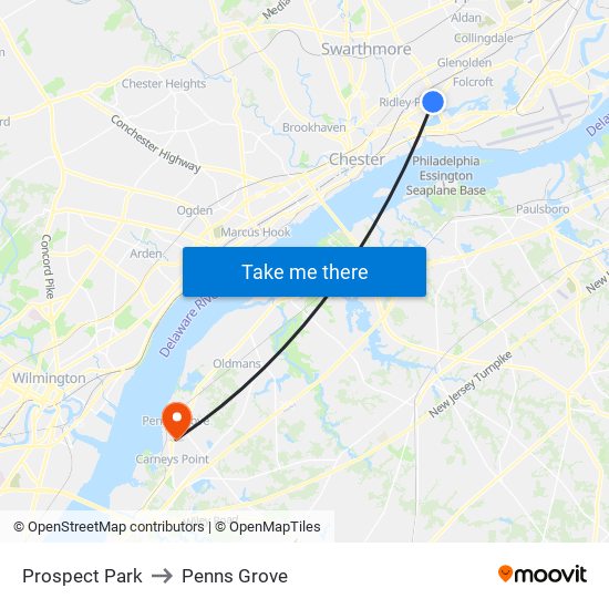 Prospect Park to Penns Grove map