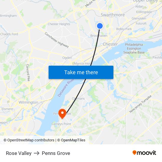 Rose Valley to Penns Grove map