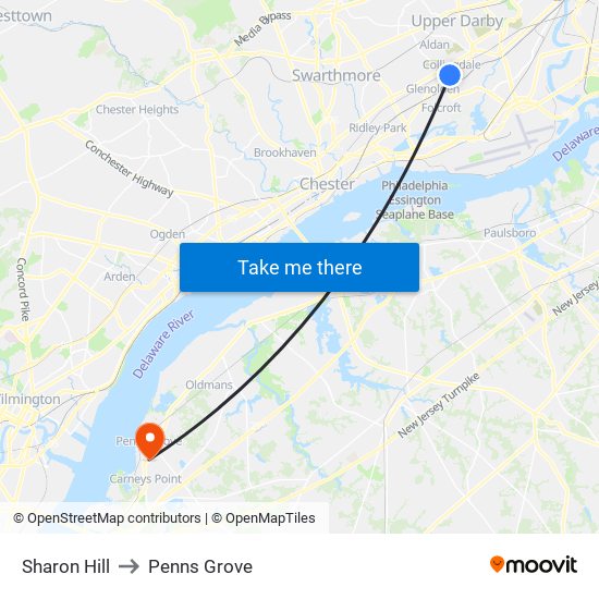 Sharon Hill to Penns Grove map