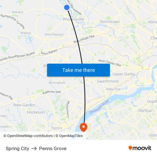 Spring City to Penns Grove map