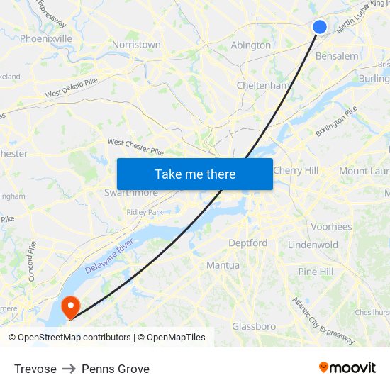 Trevose to Penns Grove map