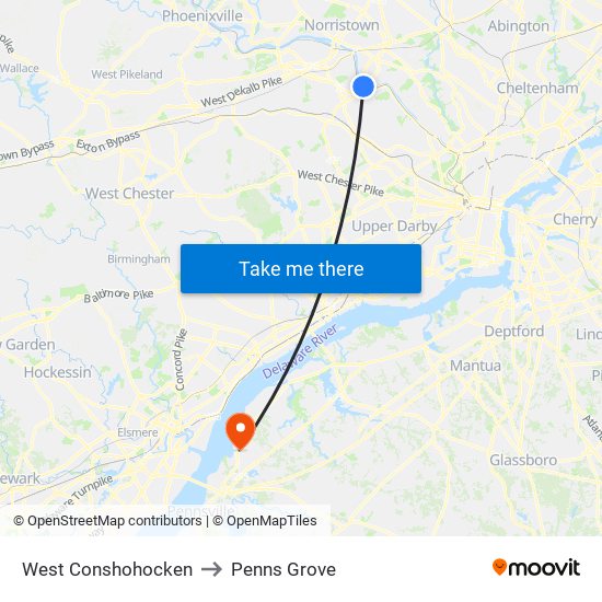 West Conshohocken to Penns Grove map