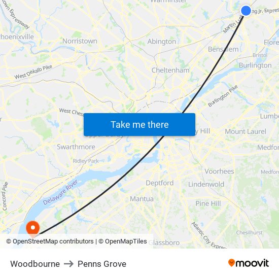 Woodbourne to Penns Grove map