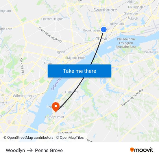 Woodlyn to Penns Grove map
