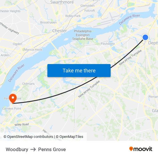 Woodbury to Penns Grove map