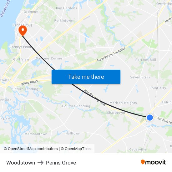 Woodstown to Penns Grove map