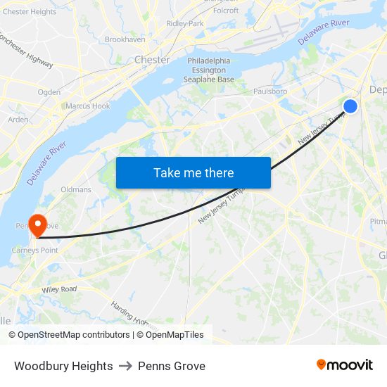 Woodbury Heights to Penns Grove map
