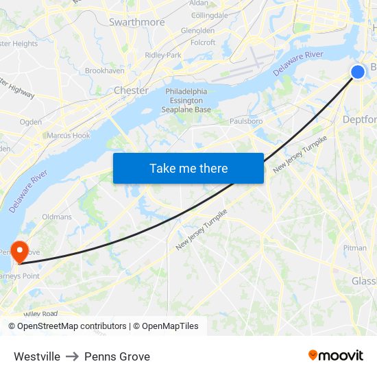 Westville to Penns Grove map