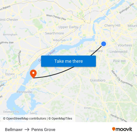 Bellmawr to Penns Grove map