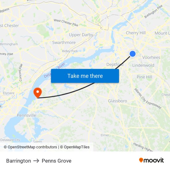 Barrington to Penns Grove map